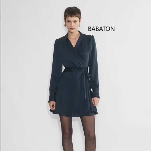 Babaton Dresses & Skirts - BABATON - Hyde Black Satin Mini Wrapped Up Dress - XS